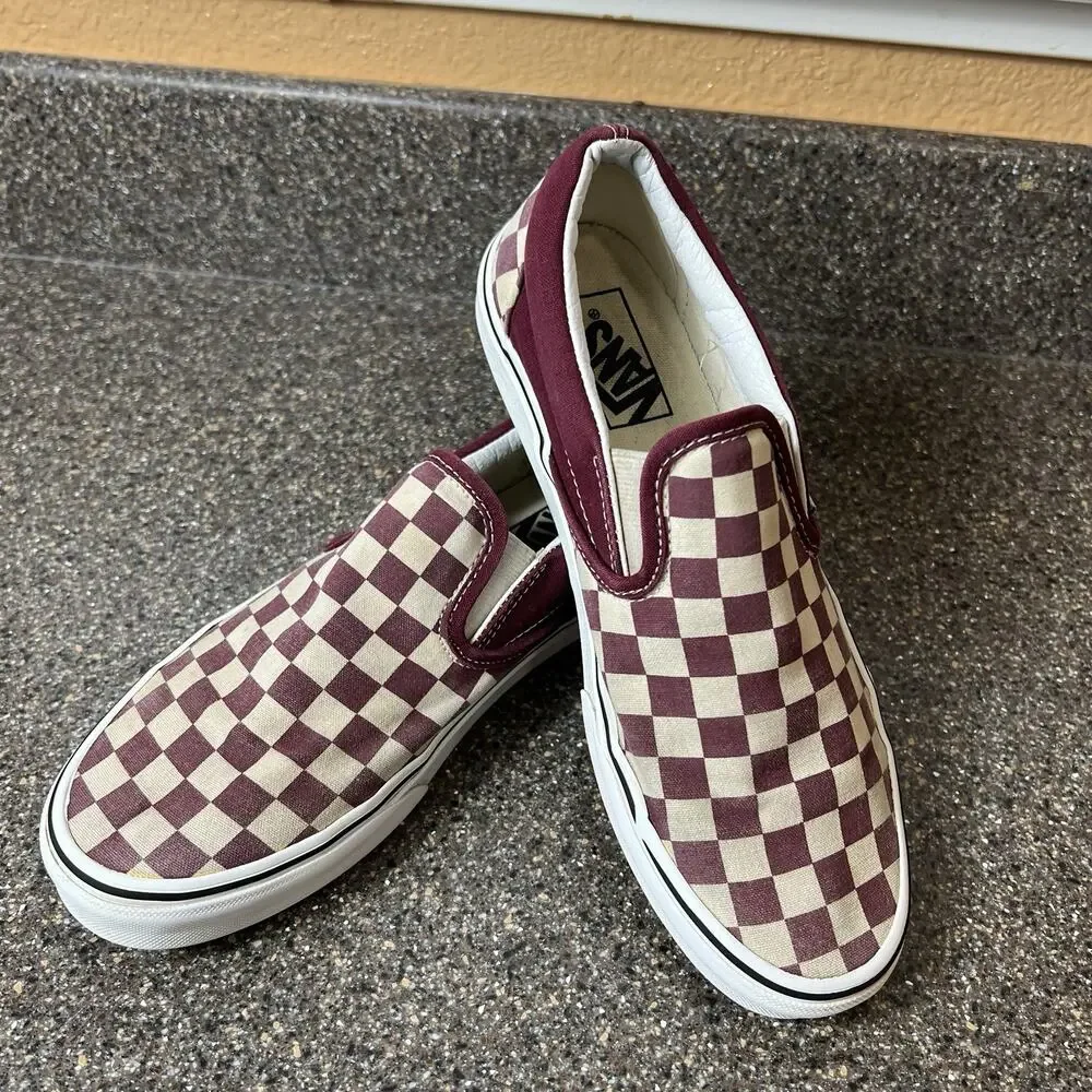 Vans Classic Slip On Skate Shoes Canvas Burgundy Check Print Womens 8.5 Sneakers